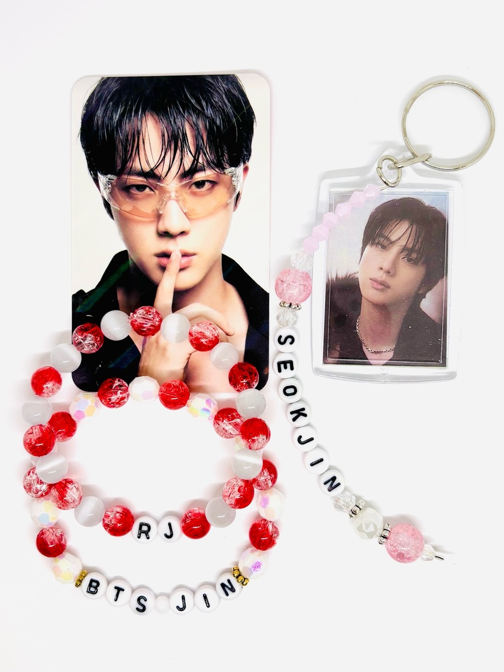 (4pcs) BTS JIN BRACELET ACRYLIC PHOTOCARD KEYCHAIN RED PINK BEADED BUNDLE